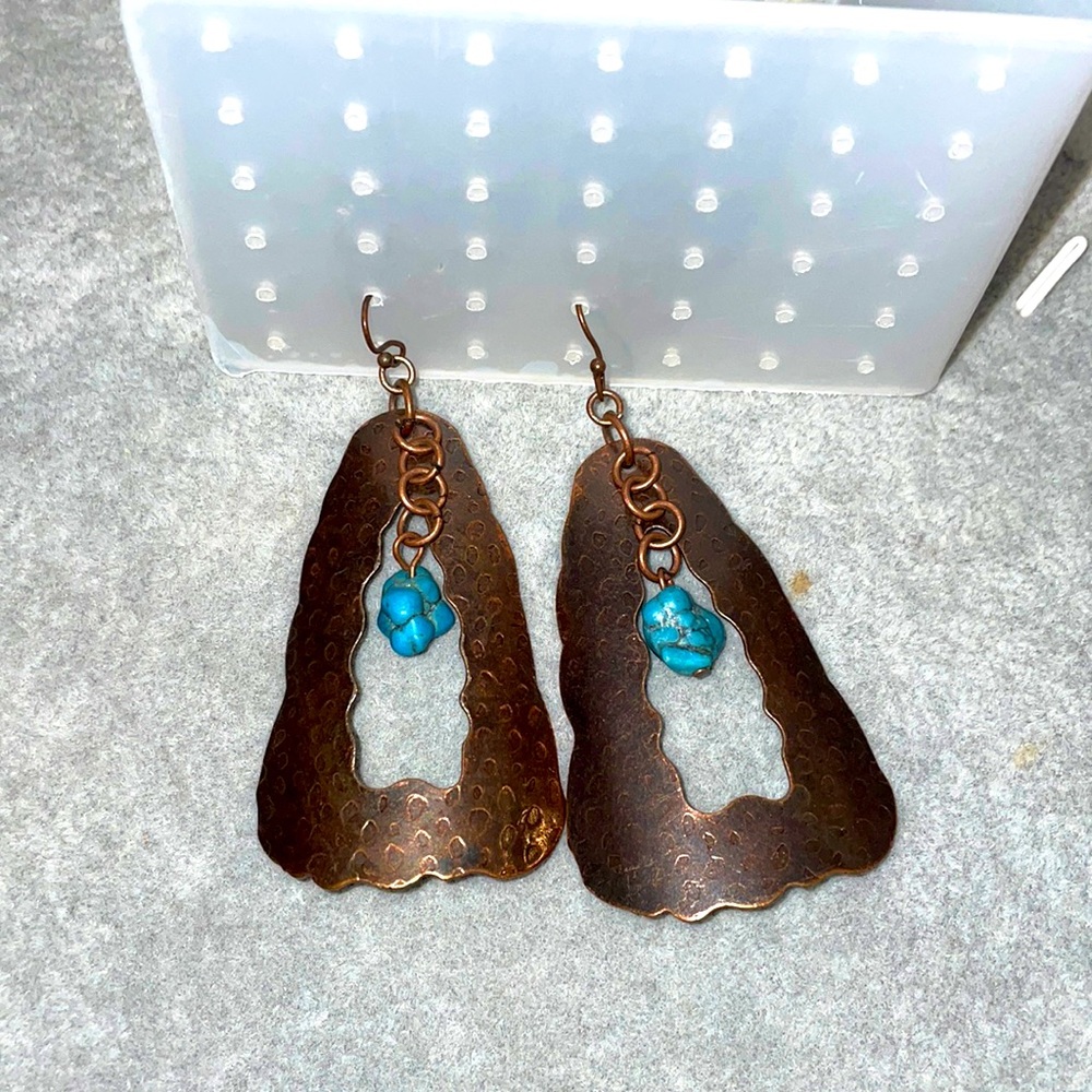 Handcrafted bronze bell drop earrings with unfinished dangle turquoise stones
